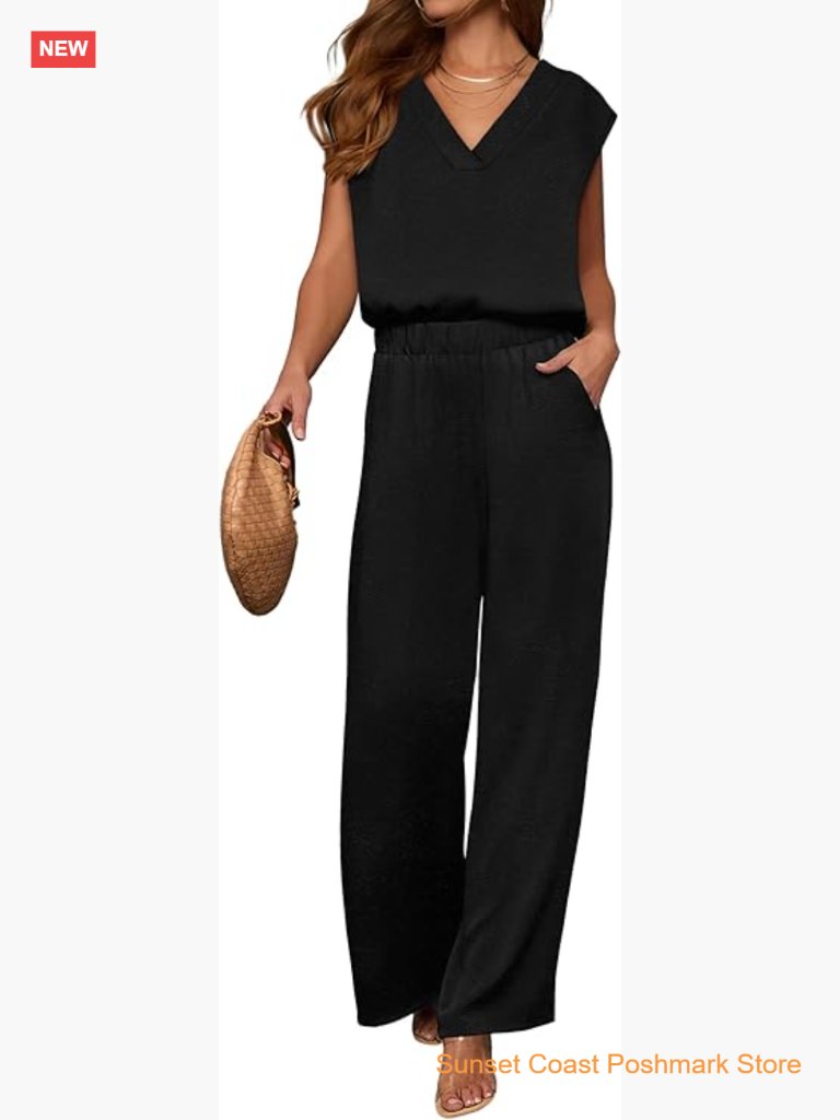 Women's 2 Piece Outfit Lounge Travel Set V-Neck Top Wide Leg Pants